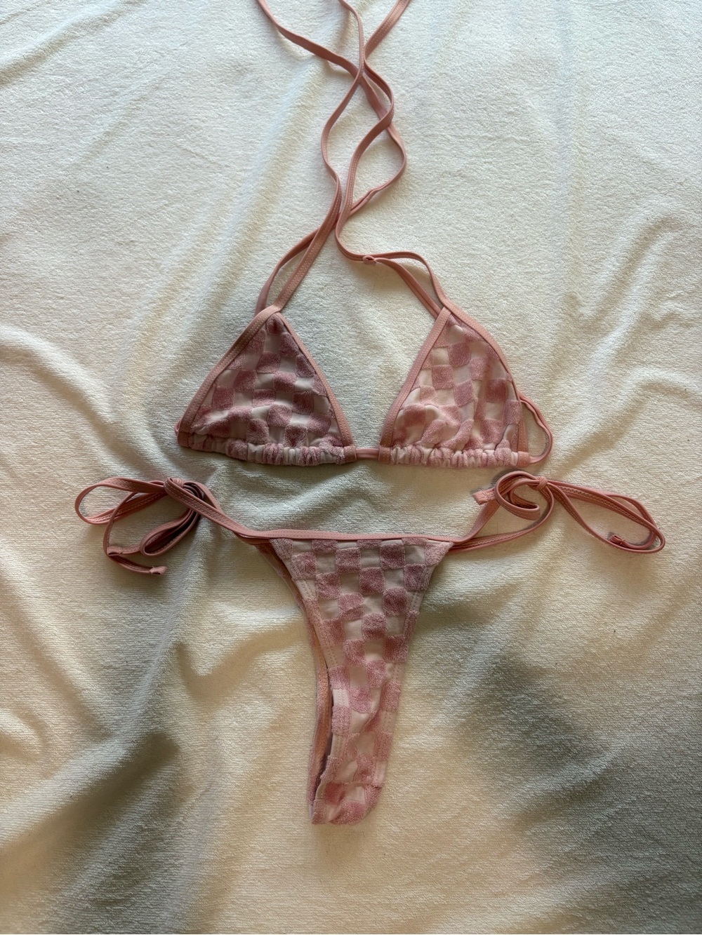 SHEIN Pink Checkered Tie Triangle Bikini Set